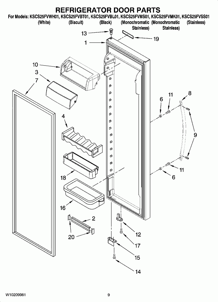 REFRIGERATOR DOOR PARTS Diagram and Parts List for KSCS25FVBT01  KitchenAid Refrigerator