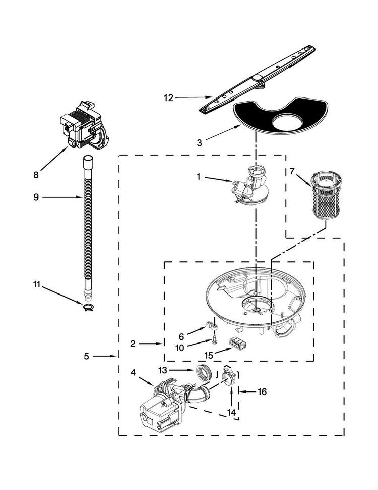 Pump, Washarm And Motor Parts Diagram and Parts List for WDF121PAFW0  Whirlpool Dishwasher