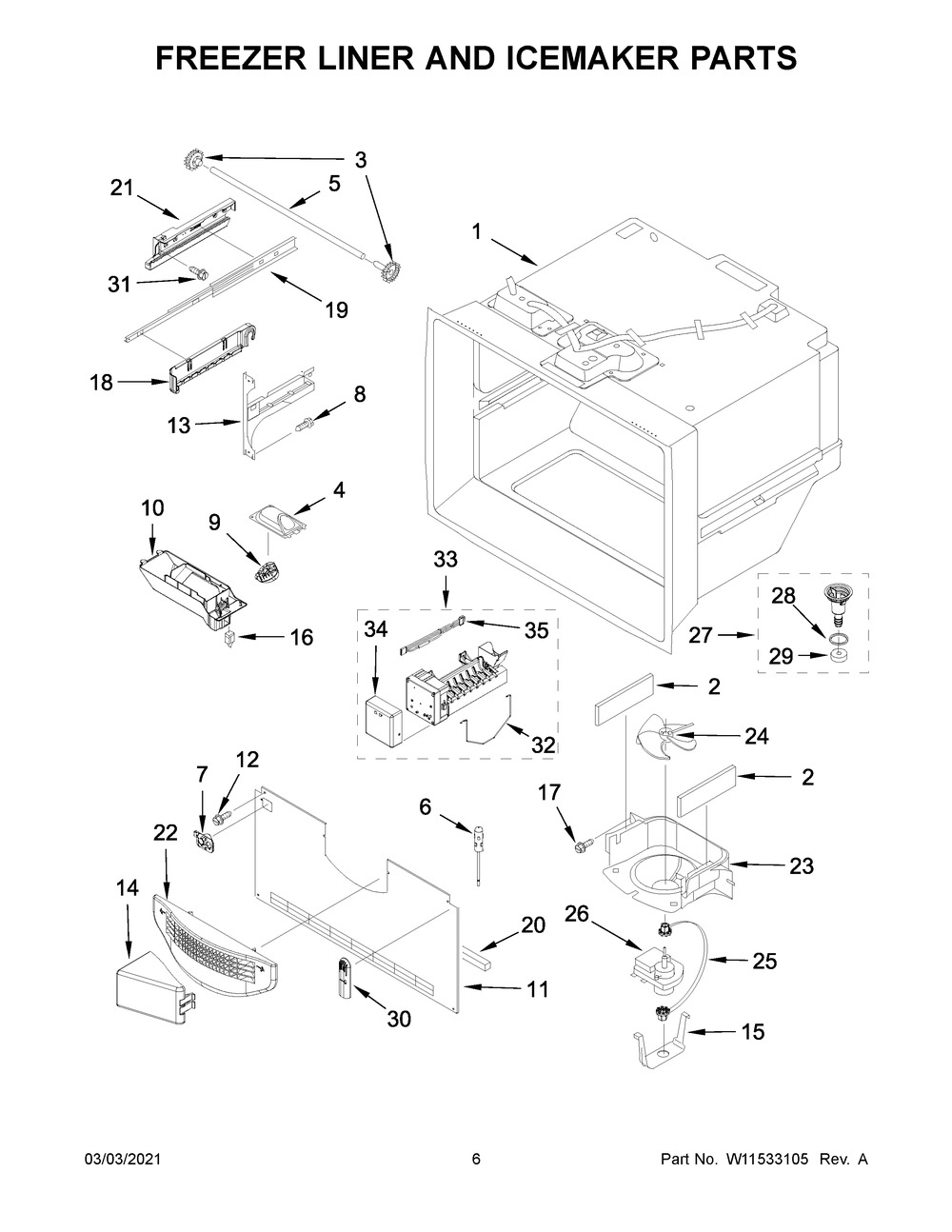 Freezer Liner And Icemaker Parts Diagram and Parts List for KRFC302EPA03  Whirlpool Refrigerator