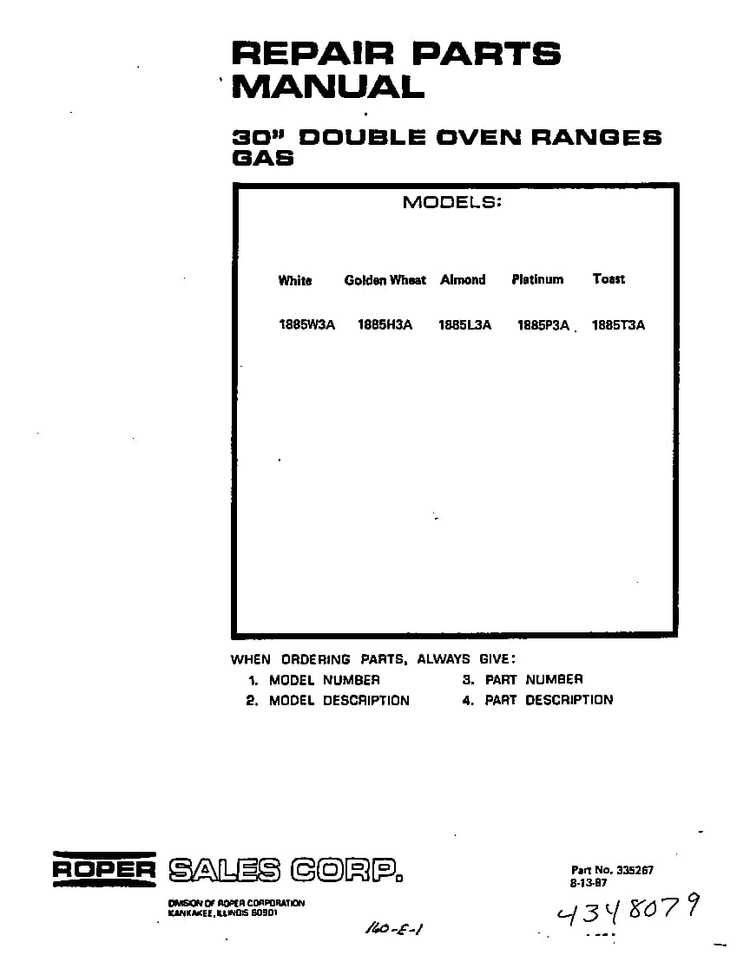 Front Cover Diagram and Parts List for 1885*3A  Roper Range