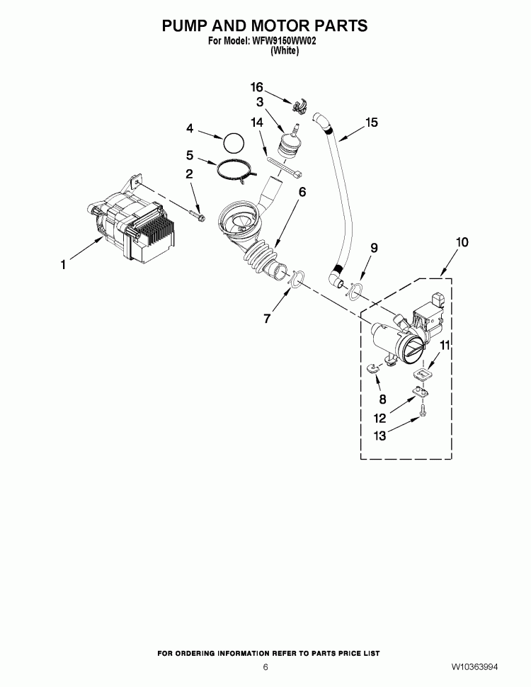 PUMP AND MOTOR PARTS Diagram and Parts List for WFW9150WW02  Whirlpool Washer
