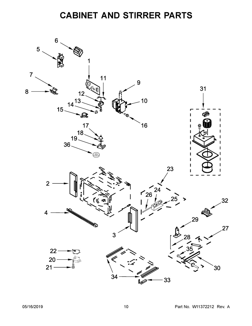 Cabinet And Stirrer Parts Diagram and Parts List for WOC75EC7HS03  Whirlpool Microwave Oven Combo