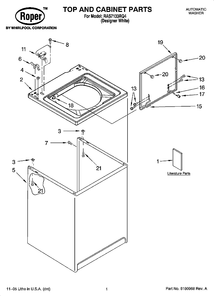 TOP AND CABINET PARTS Diagram and Parts List for RAS7133RQ4  Roper Washer