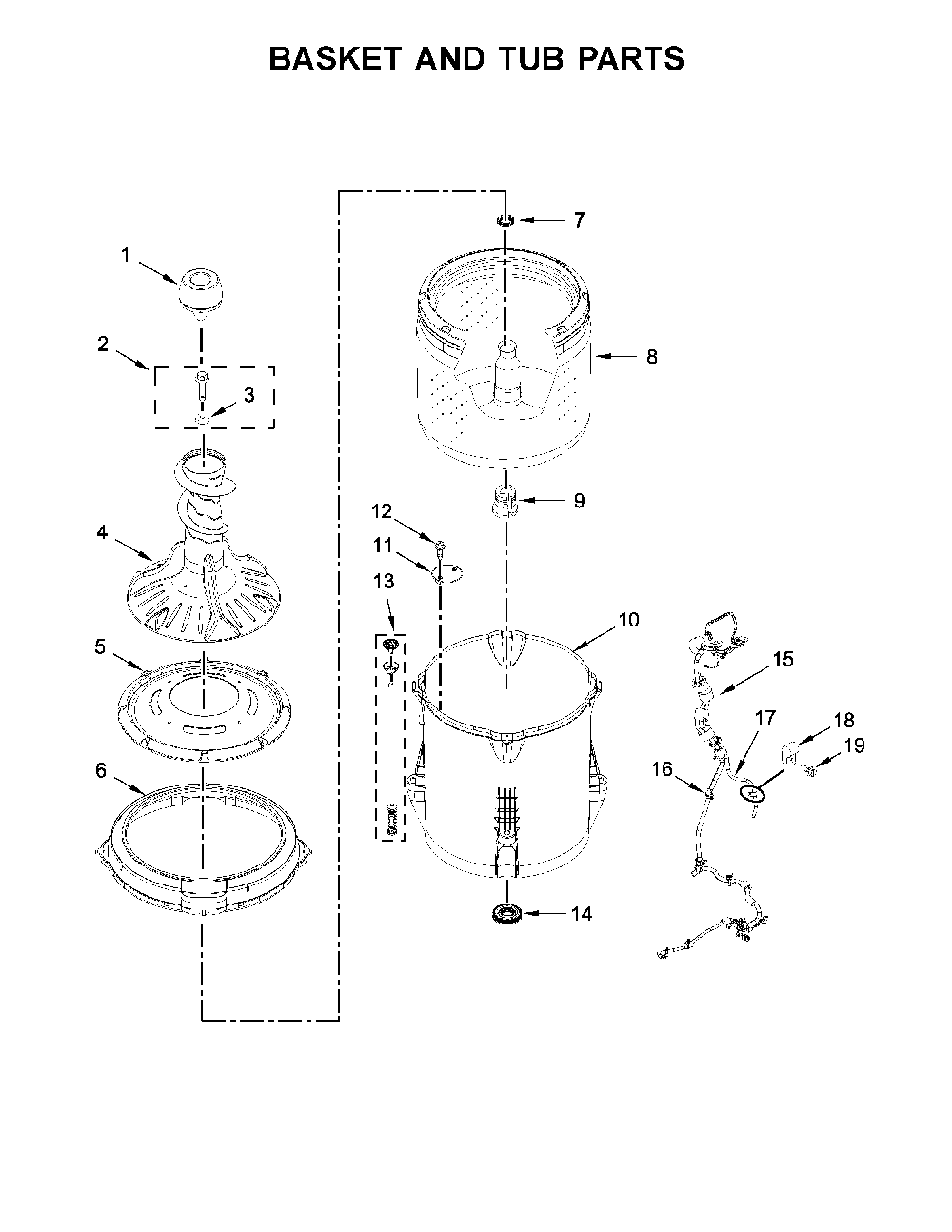 Basket and tub parts Diagram and Parts List for 11022532512  Kenmore Washer