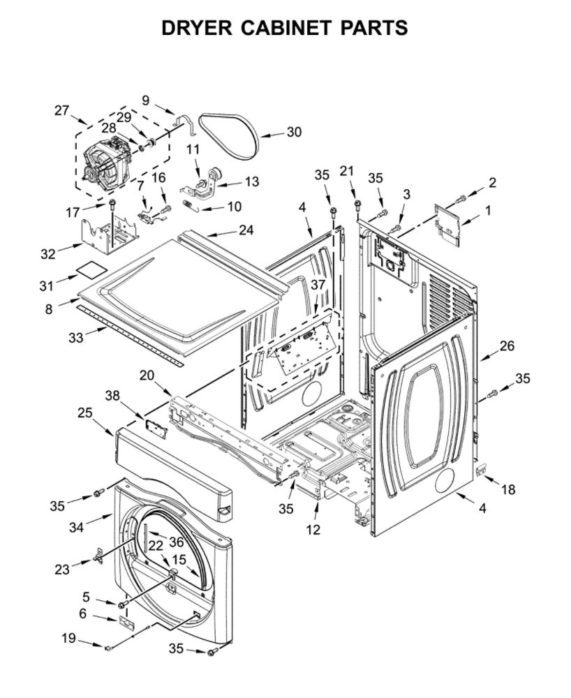 Dryer Cabinet Parts Diagram and Parts List for CGT9100GQ0  Whirlpool Washer Dryer Combo