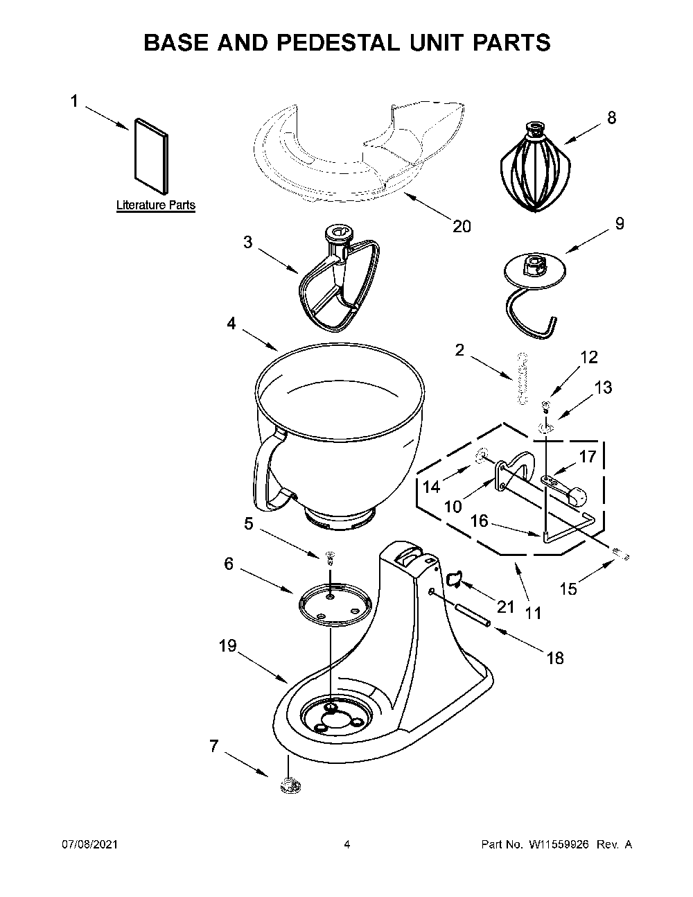 Base And Pedestal Unit Parts Diagram and Parts List for 5KSM150FBEER4  KitchenAid Mixer