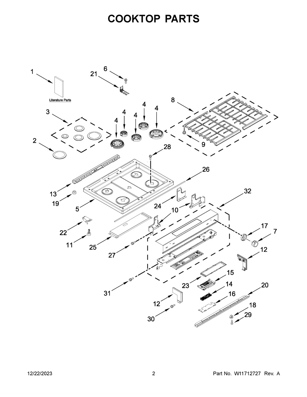 Cooktop Parts Diagram and Parts List for KSGG700EBS7  KitchenAid Range