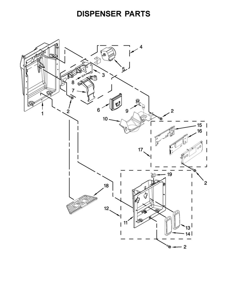 Dispenser Parts Diagram and Parts List for KBSD602ESS01  KitchenAid Refrigerator