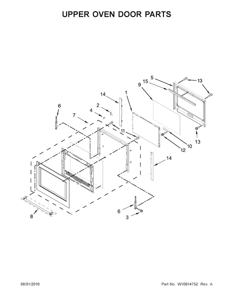 Upper Oven Door Parts Diagram and Parts List for KODT100ESS01  KitchenAid Wall Oven