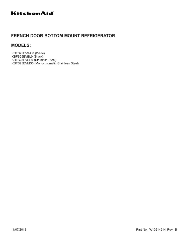 Cover Sheet Diagram and Parts List for KBFS25EVBL0  KitchenAid Refrigerator