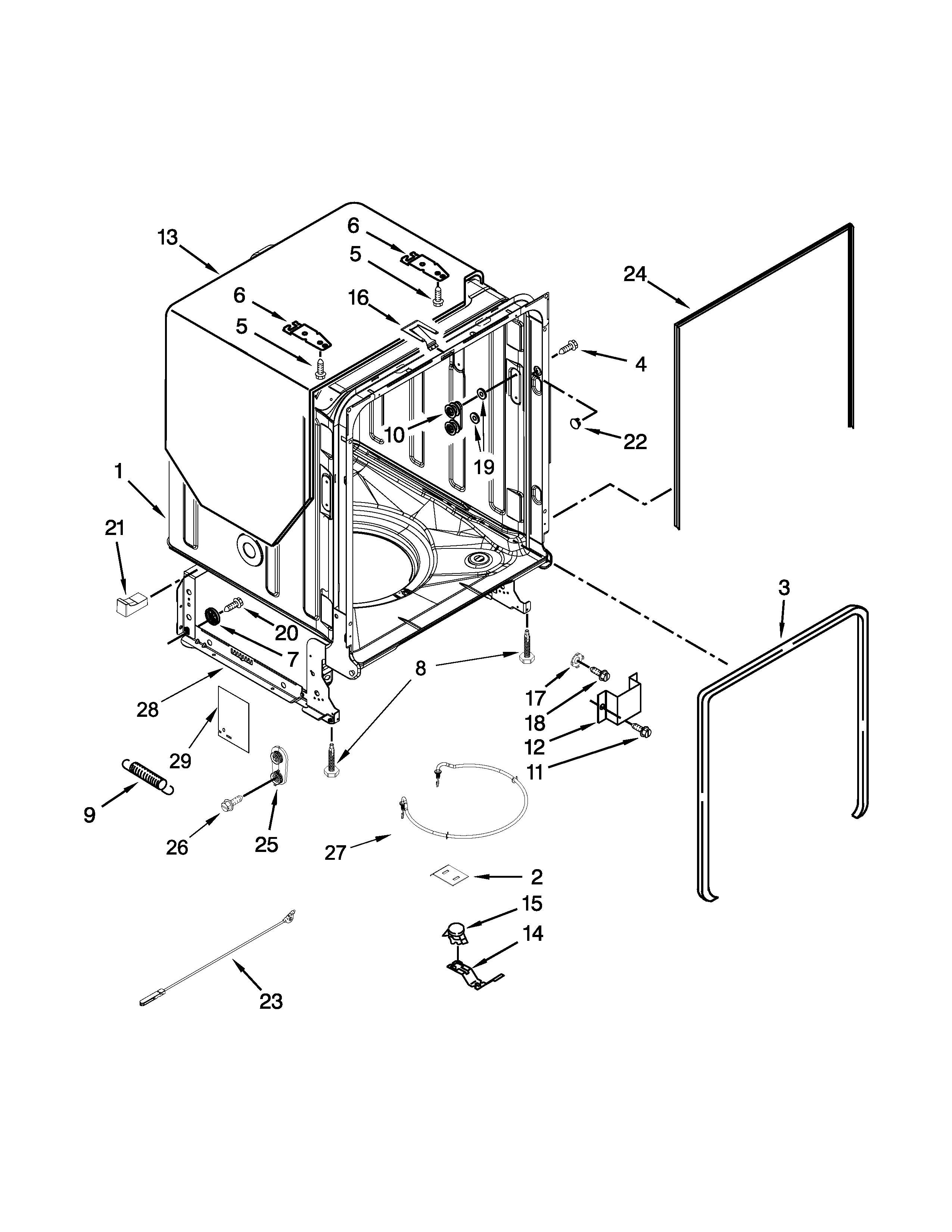 Tub And Frame Parts Diagram and Parts List for 66513692N410  Kenmore Dishwasher