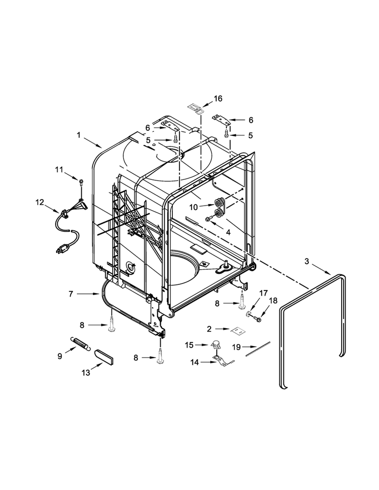 Tub And Frame Parts Diagram and Parts List for WDF111PABW4  Whirlpool Dishwasher