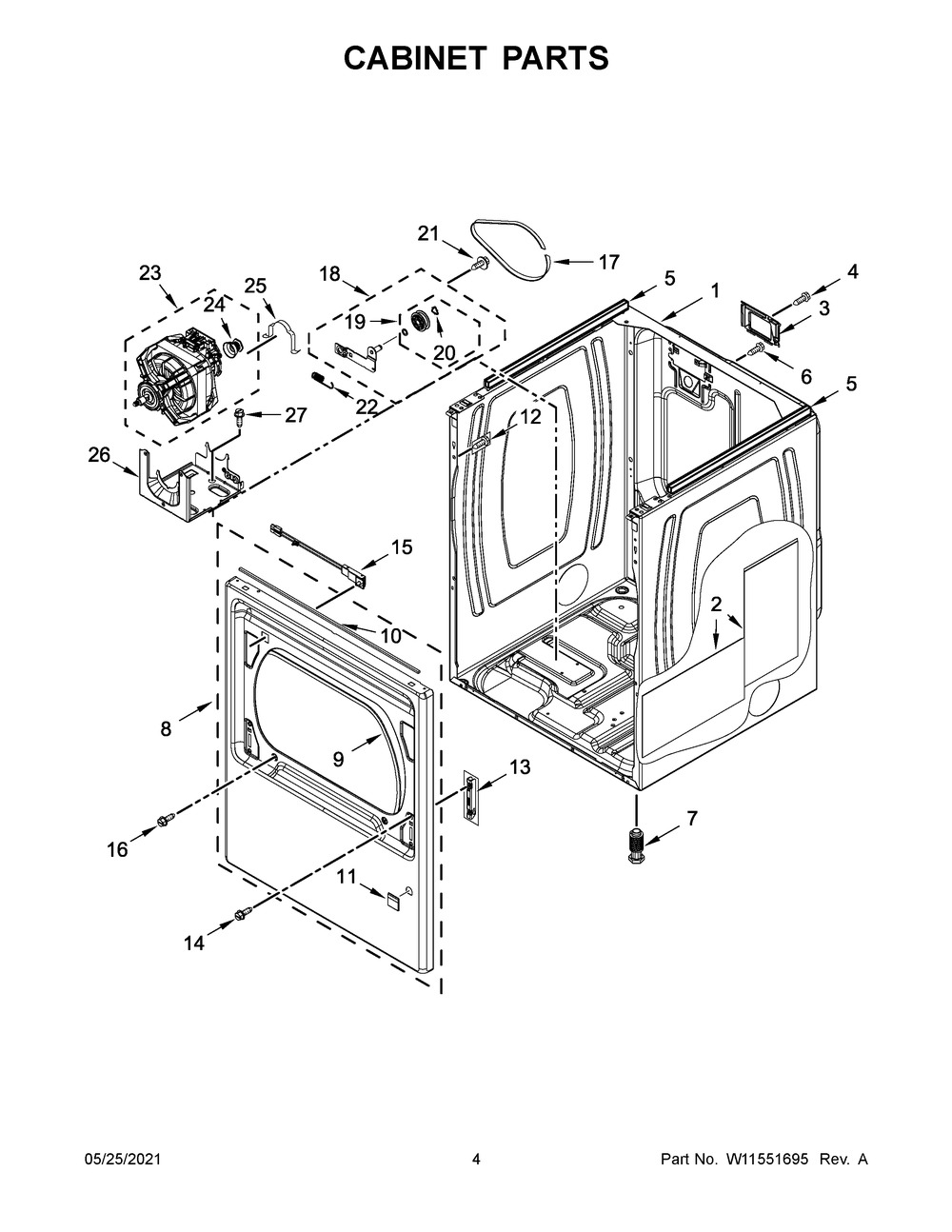 Cabinet Parts Diagram and Parts List for MED6230RHW2  Whirlpool Dryer