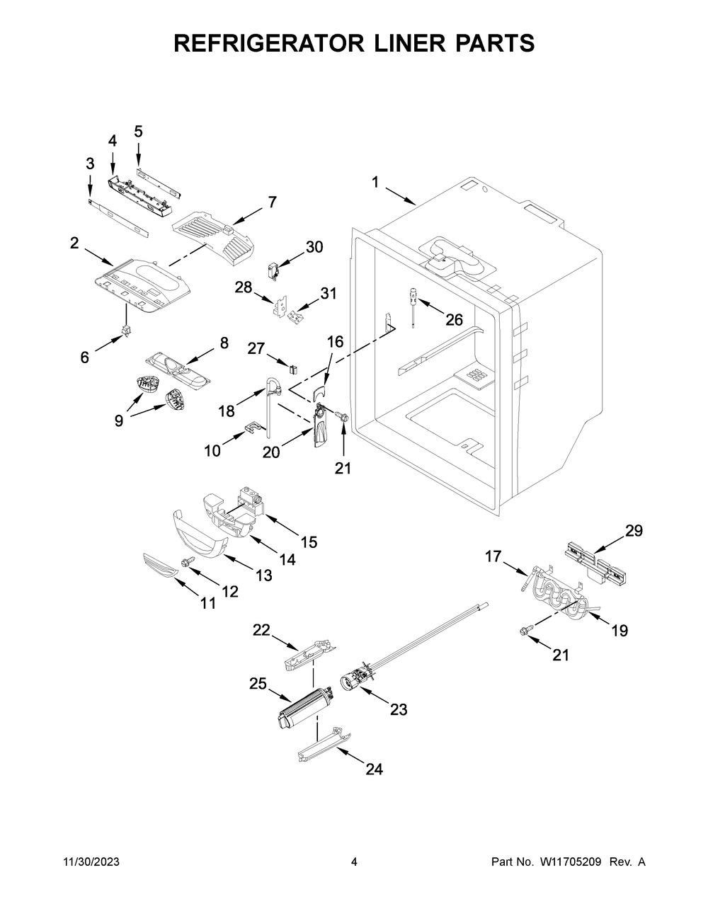 Refrigerator Liner Parts Diagram and Parts List for KRFC300EWH11  KitchenAid Refrigerator