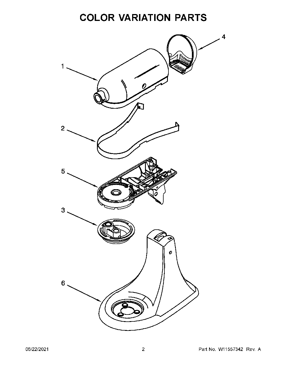 Color Variation Parts Diagram and Parts List for 5K45SSDOB0  KitchenAid Mixer