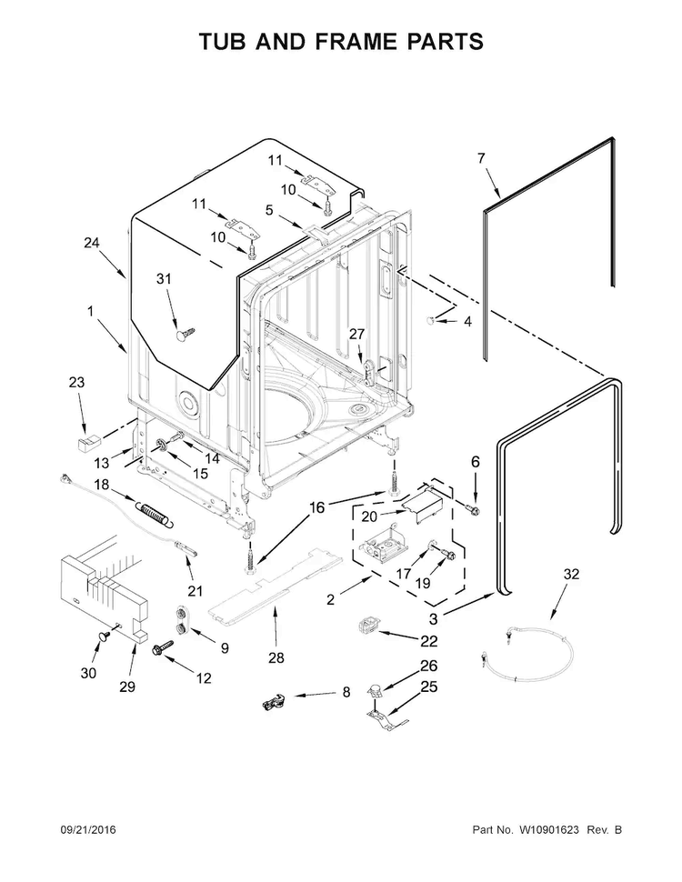 Tub And Frame Parts Diagram and Parts List for KDTE254ESS2  KitchenAid Dishwasher