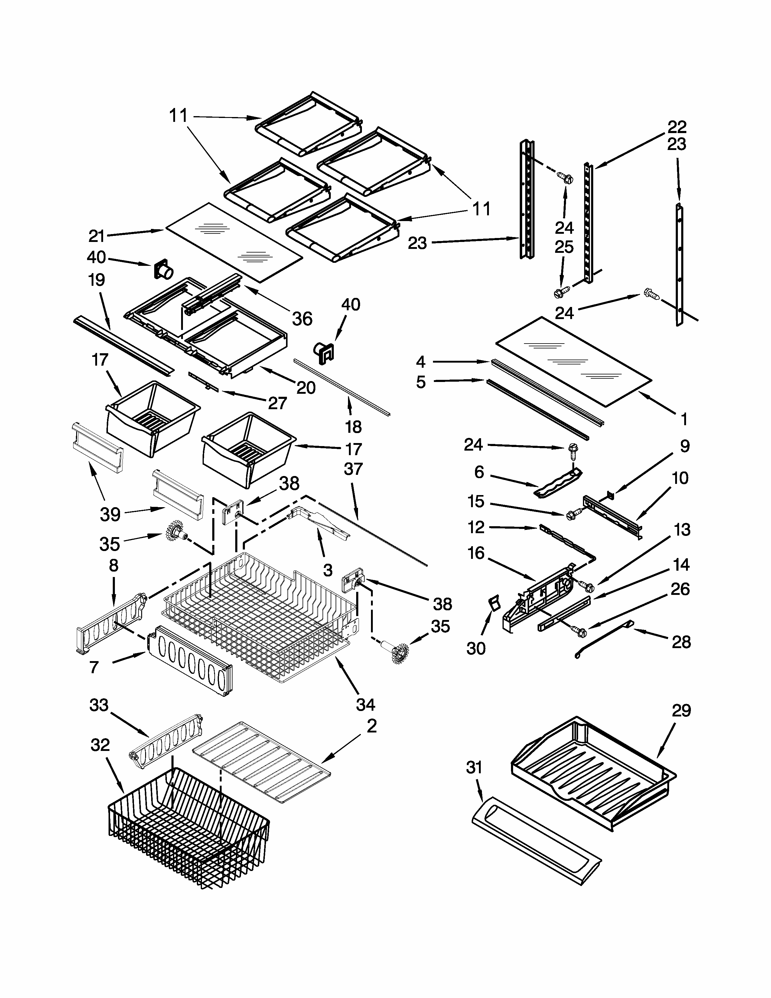 Shelf Parts Diagram and Parts List for IX7HHEXDSM00  Whirlpool Refrigerator
