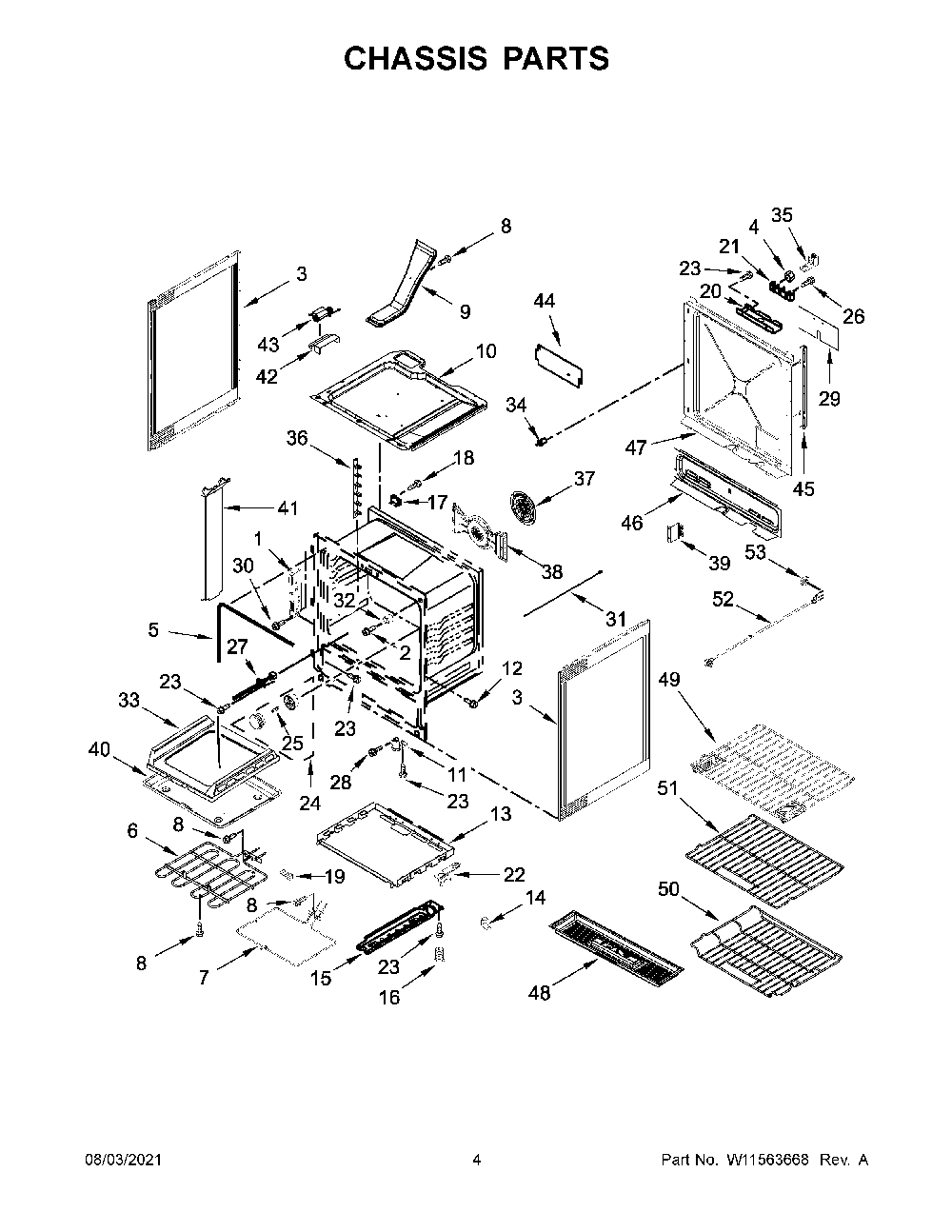 Chassis Parts Diagram and Parts List for KSEG950ESS3  KitchenAid Range