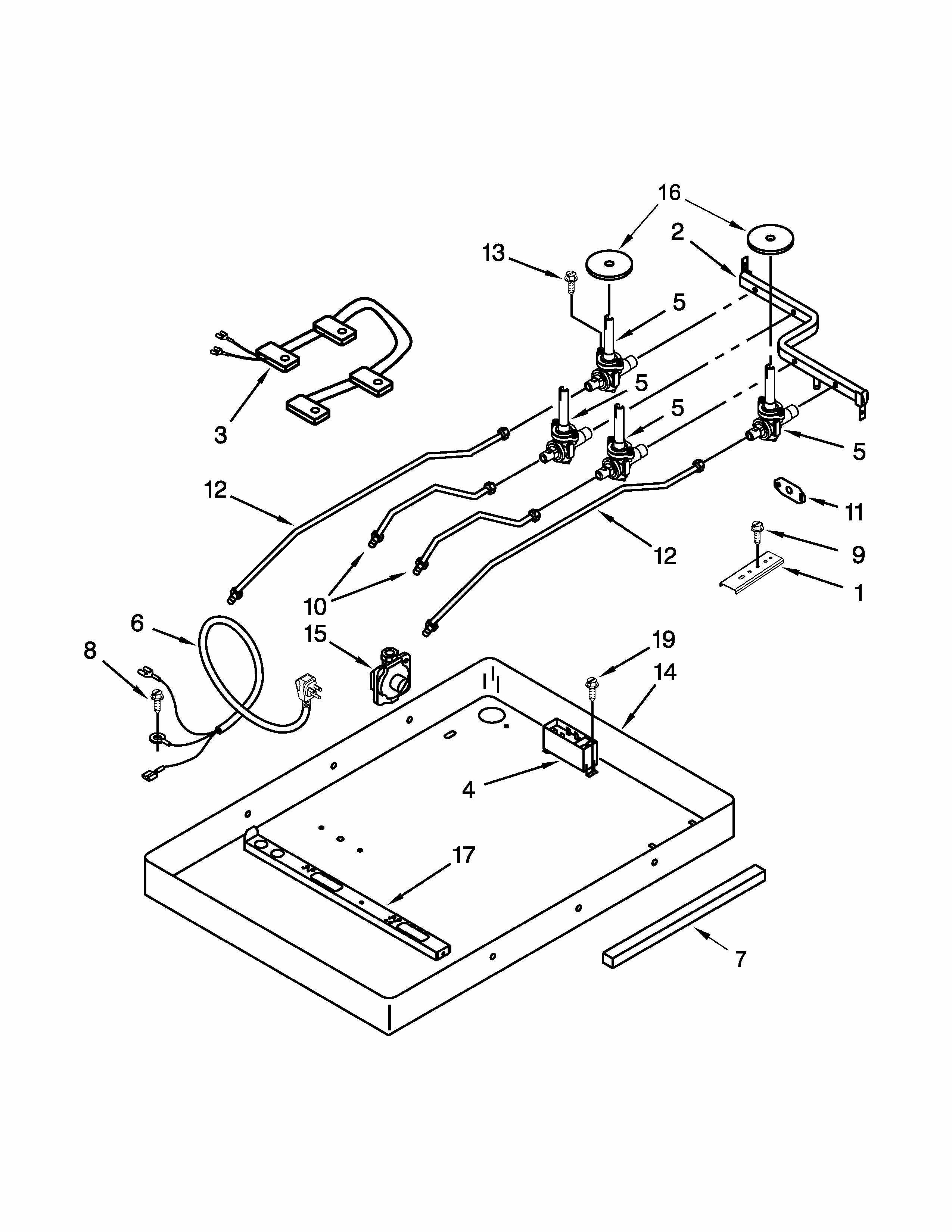 Burner Box, Gas Valves And Switches Diagram and Parts List for ICS333DS00  Whirlpool Cooktop