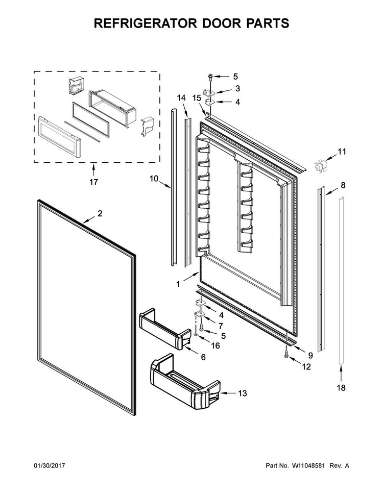 Refrigerator Door Parts Diagram and Parts List for KBBR206EPA01  KitchenAid Refrigerator