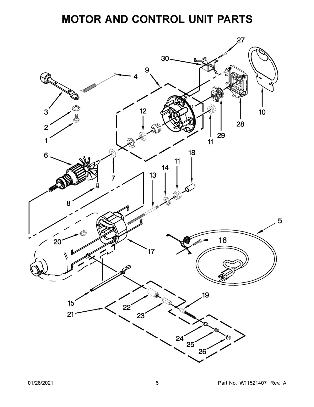 Motor And Control Unit Parts Diagram and Parts List for 5KSM156BBM4  Whirlpool Mixer
