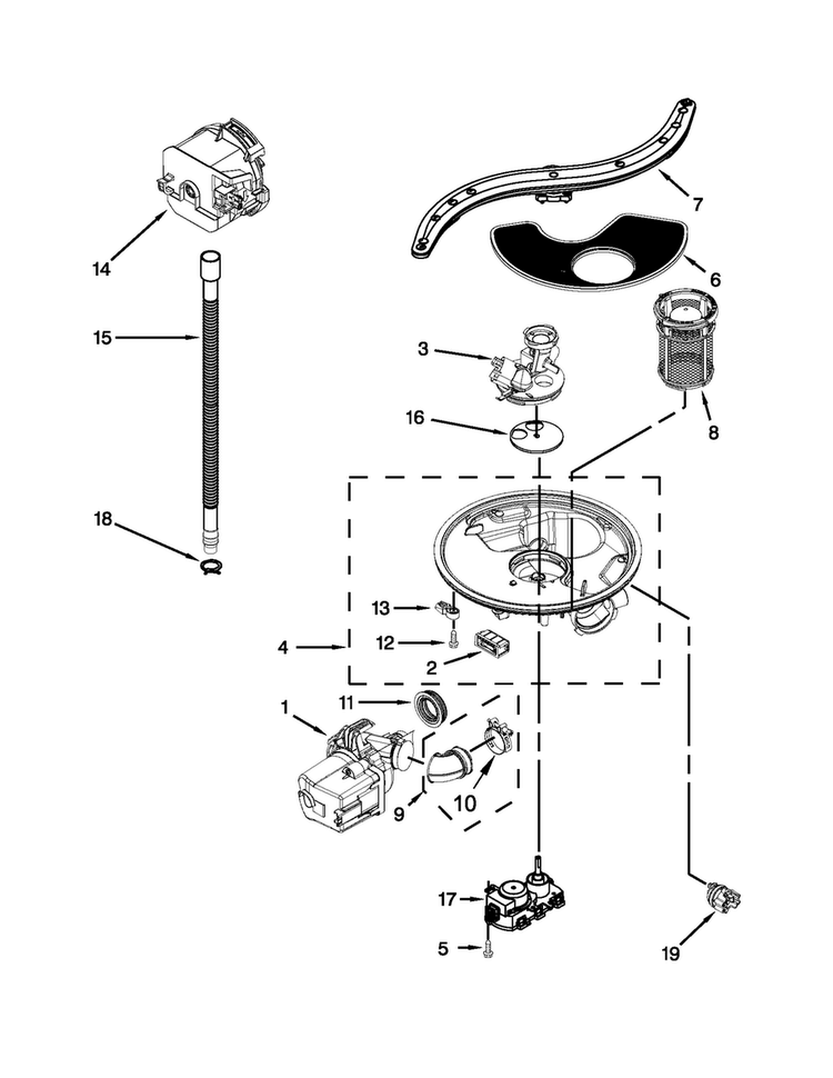 Pump, Washarm And Motor Parts Diagram and Parts List for BLB14DRANA1  Whirlpool Dishwasher