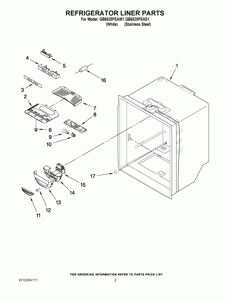 REFRIGERATOR LINER PARTS Diagram and Parts List for GB6525PEAW1  Whirlpool Refrigerator