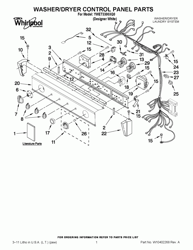 WASHER/DRYER CONTROL PANEL PARTS Diagram and Parts List for YWET3300XQ0  Whirlpool Washer Dryer Combo