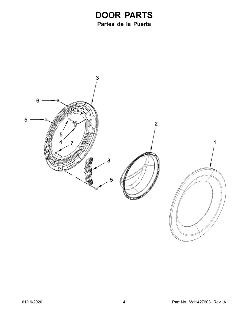 Door Parts Diagram and Parts List for 7MWFW560CHW0  Whirlpool Washer