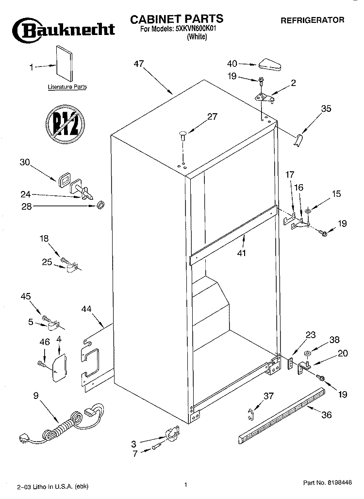 CABINET PARTS Diagram and Parts List for 5XKVN600K01  Whirlpool Refrigerator