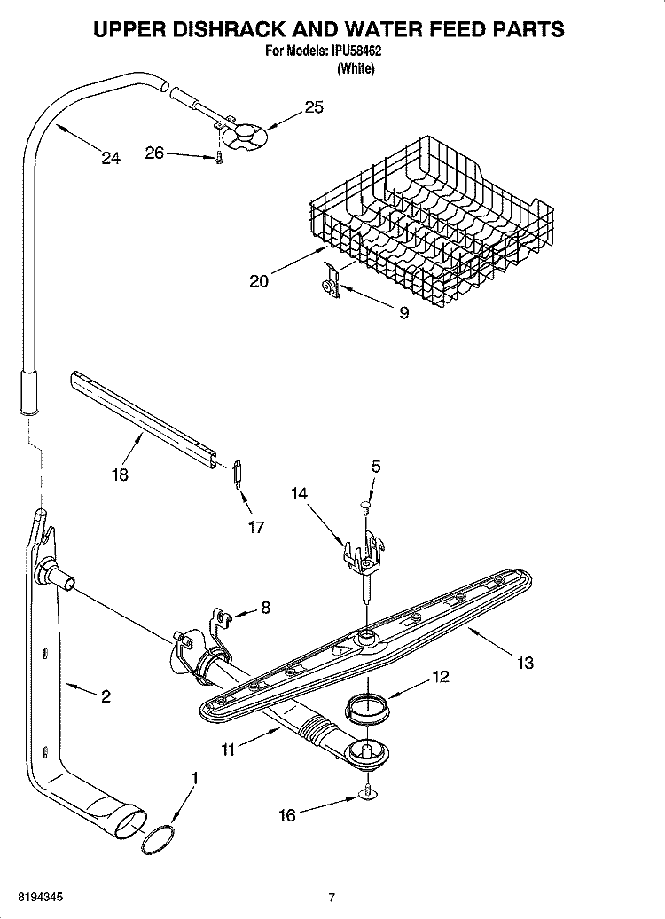 UPPER DISHRACK AND WATER FEED PARTS Diagram and Parts List for IPU58462  Inglis Dishwasher