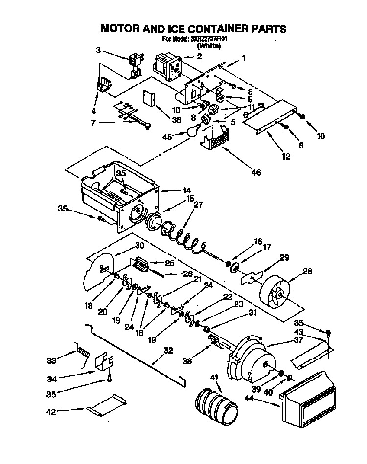 Motor And Ice Container Diagram and Parts List for 3XR2727FI01  Whirlpool Refrigerator
