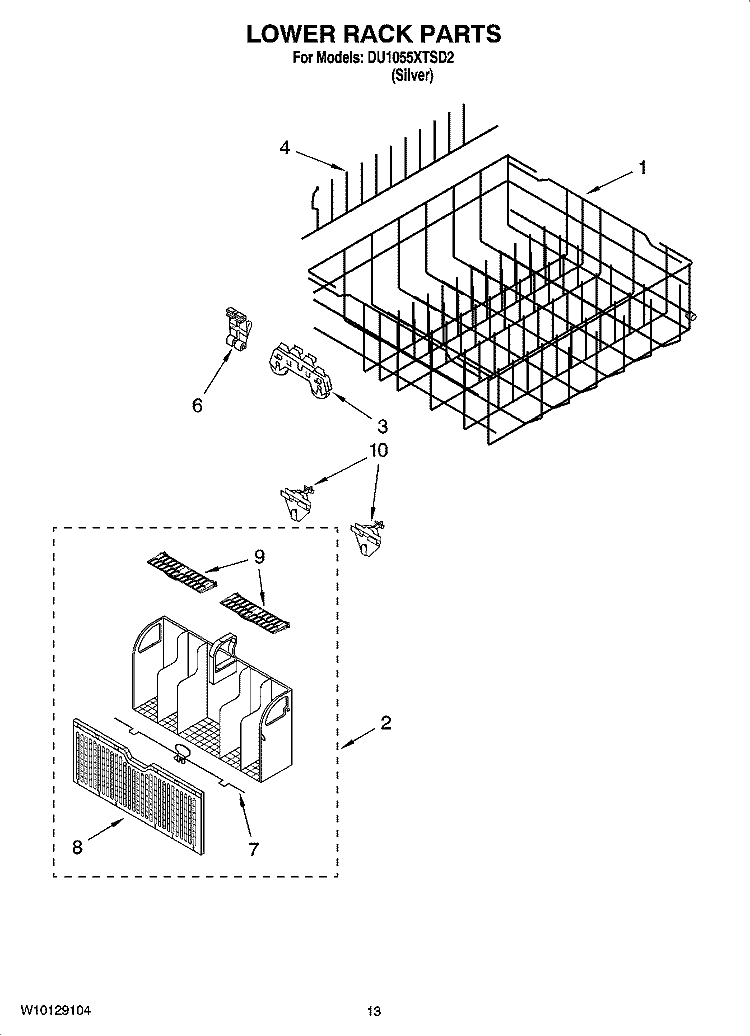 LOWER RACK PARTS, OPTIONAL PARTS (NOT INCLUDED) Diagram and Parts List for DU1055XTSD2  Whirlpool Dishwasher