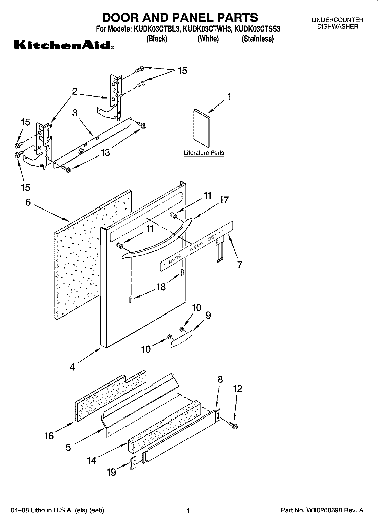 DOOR AND PANEL PARTS Diagram and Parts List for KUDK03CTWH3  KitchenAid Dishwasher
