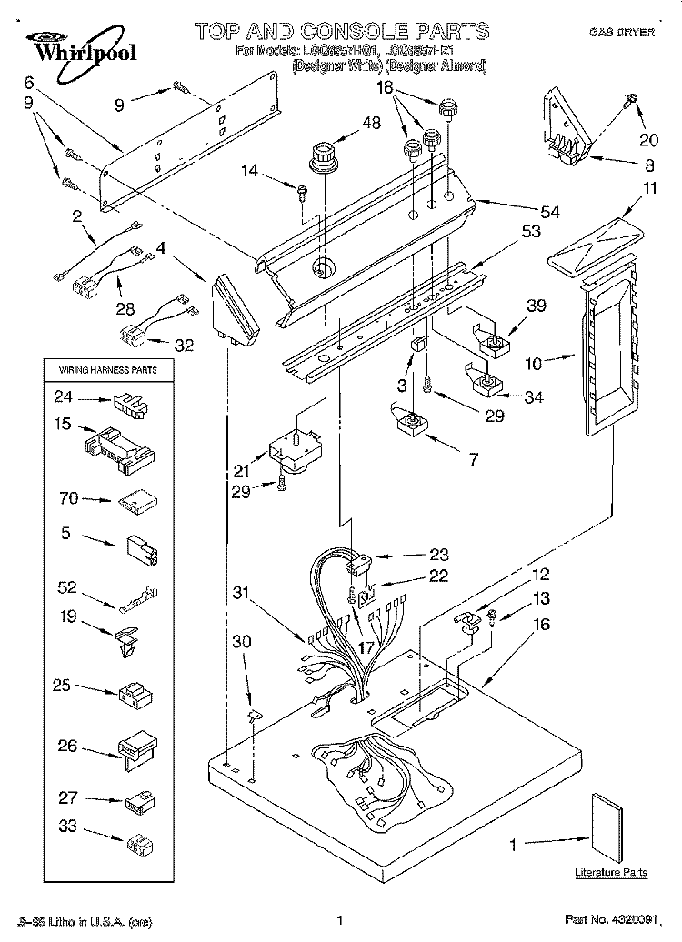 TOP AND CONSOLE, LIT/OPTIONAL Diagram and Parts List for LGQ8857HZ1  Whirlpool Dryer