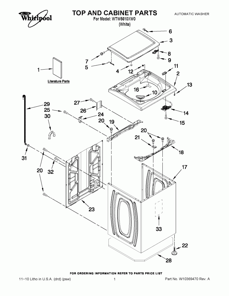 TOP AND CABINET PARTS Diagram and Parts List for WTW5610XW0  Whirlpool Washer