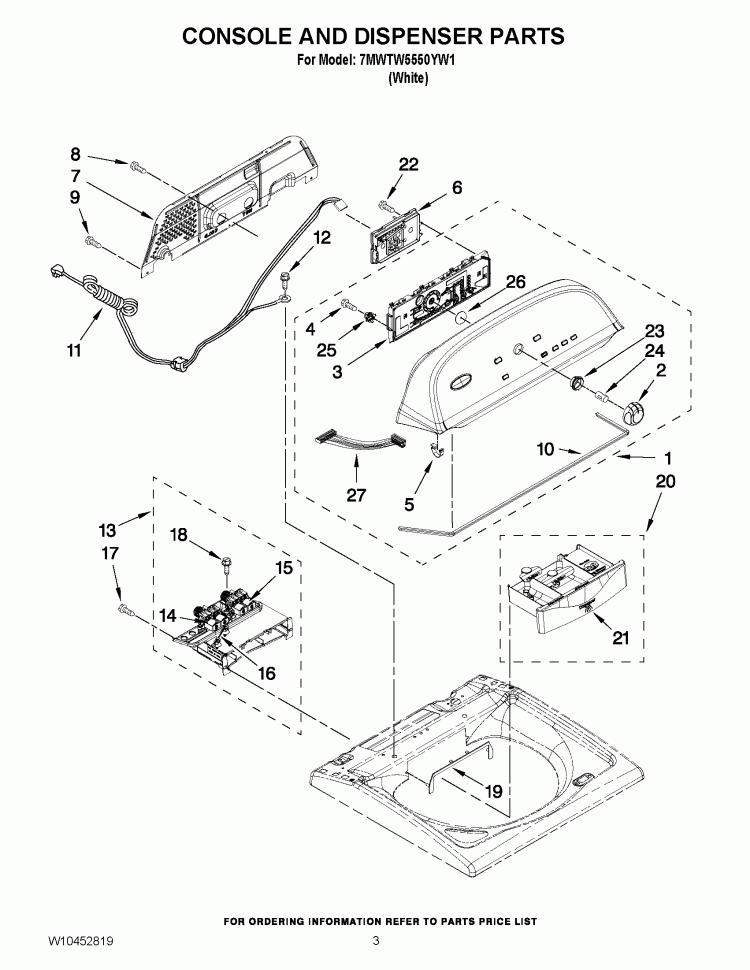 CONSOLE AND DISPENSER PARTS Diagram and Parts List for 7MWTW5550YW1  Whirlpool Washer