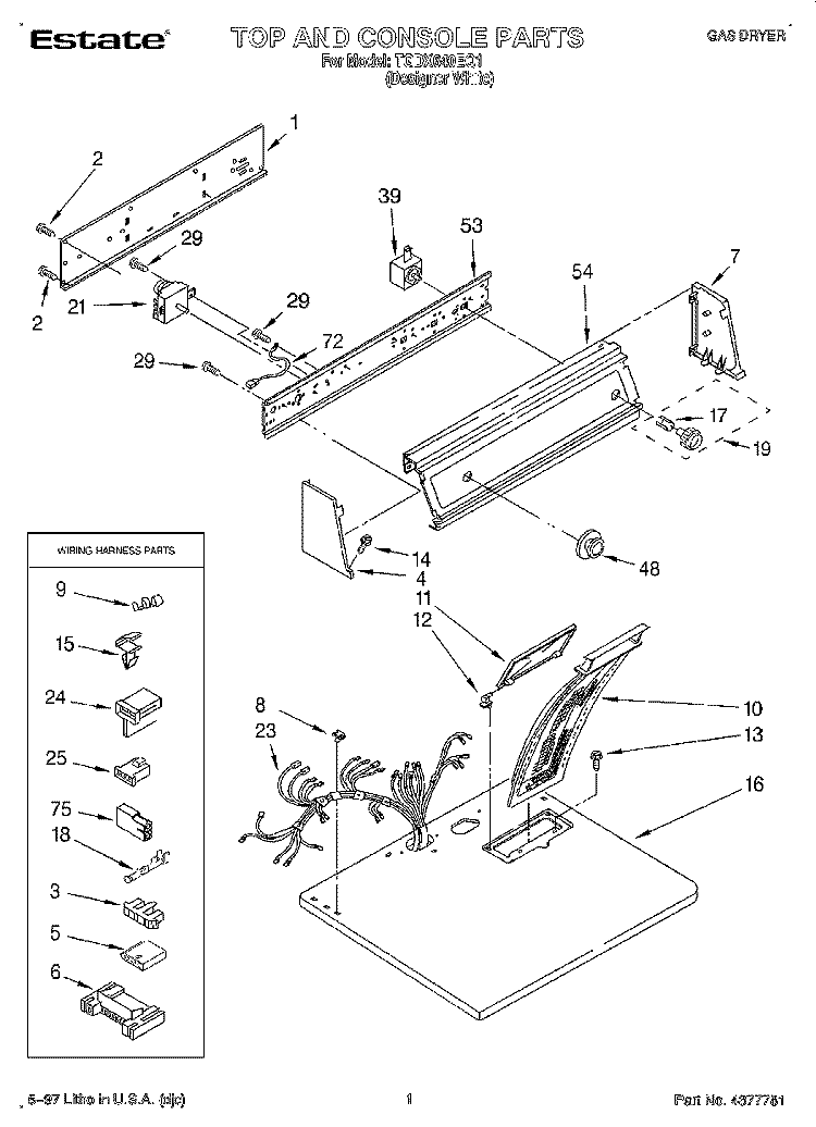 TOP AND CONSOLE, LIT/OPTIONAL Diagram and Parts List for TGDX640EQ1  Estate Dryer