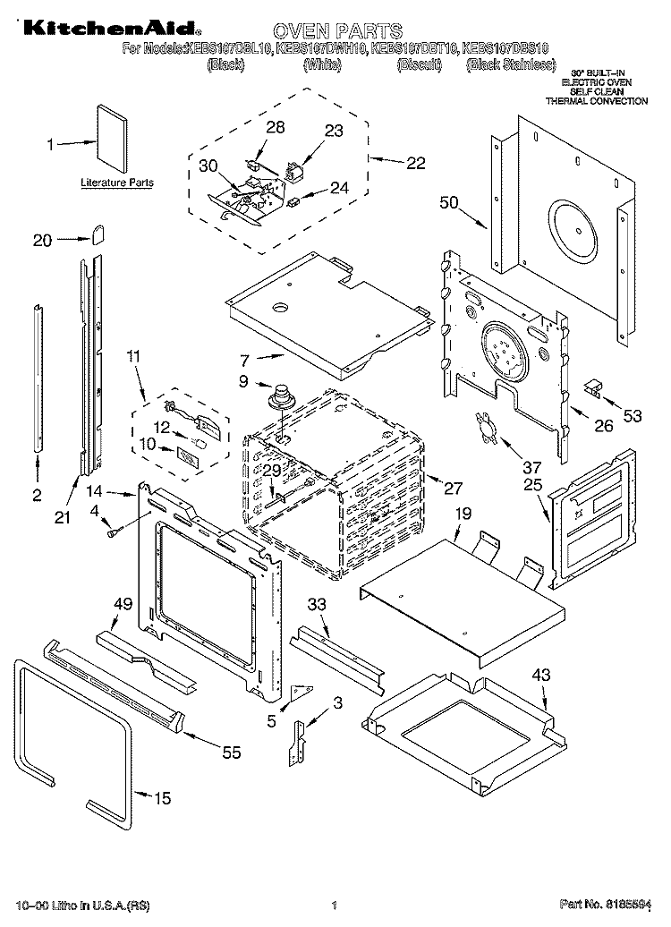 OVEN, LITERATURE Diagram and Parts List for KEBS107DBS10  KitchenAid Wall Oven