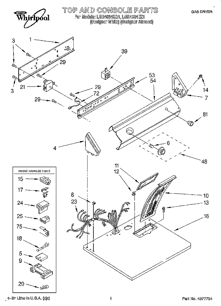 TOP AND CONSOLE, LIT/OPTIONAL Diagram and Parts List for LGR4634EZ1  Whirlpool Dryer