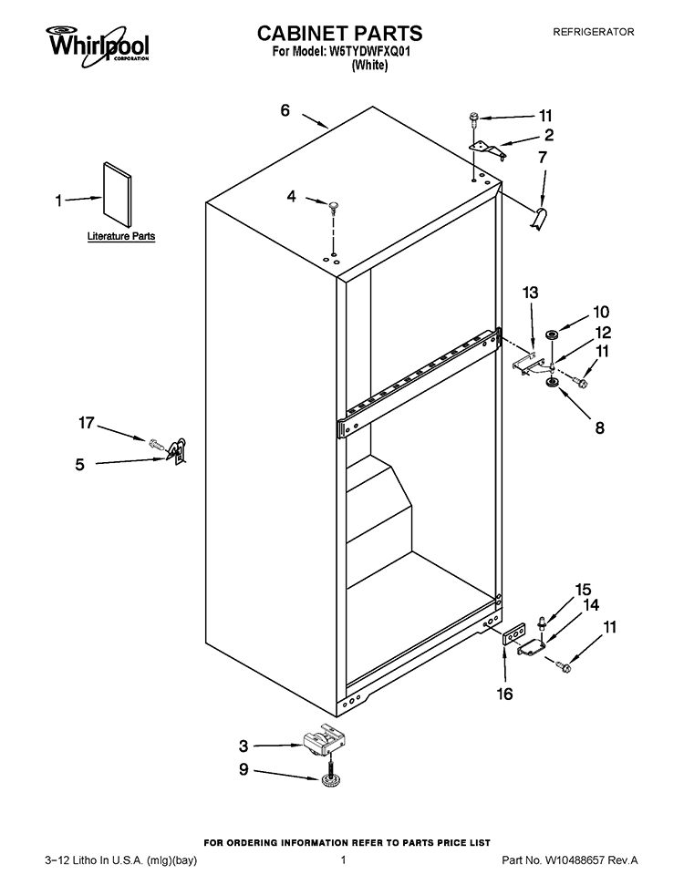CABINET PARTS Diagram and Parts List for W5TYDWFXQ01  Whirlpool Refrigerator