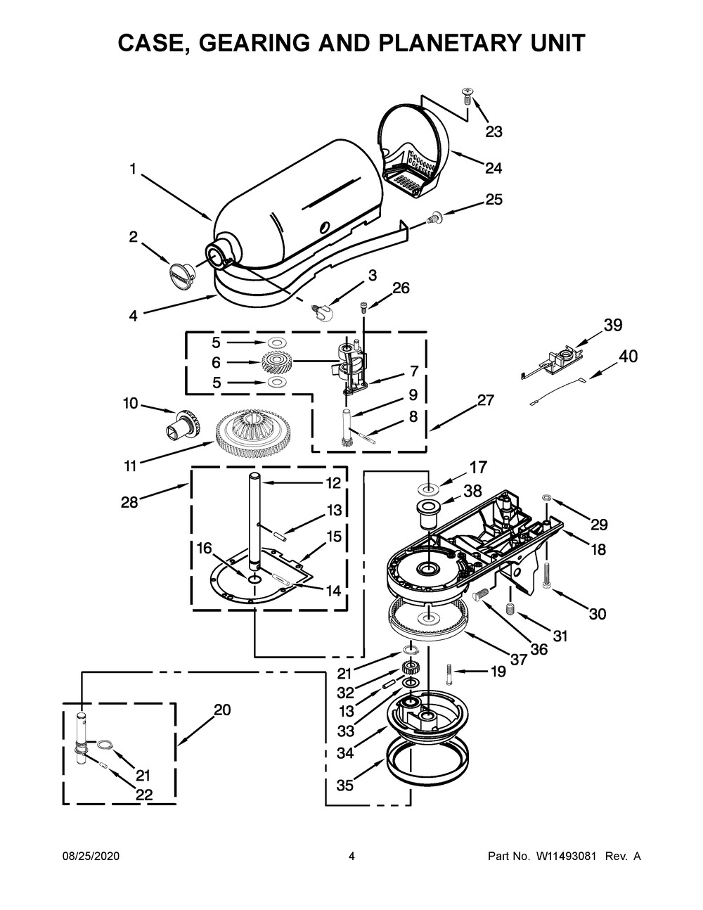 Case, Gearing And Planetary Unit Diagram and Parts List for 5KSM156VGEPP4  Whirlpool Mixer