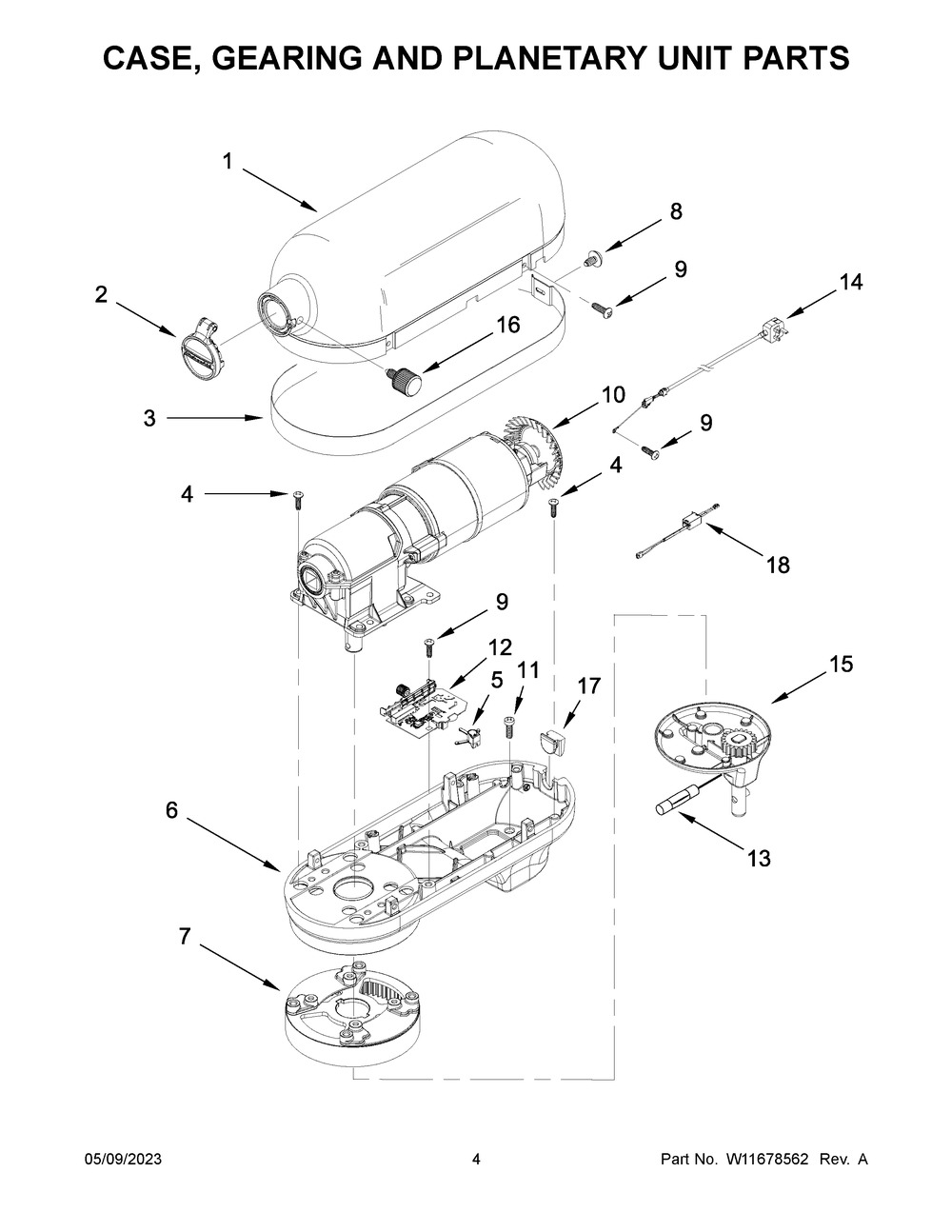 Case, Gearing And Planetary Unit Parts Diagram and Parts List for 5KSM7990XEWH1  KitchenAid Mixer