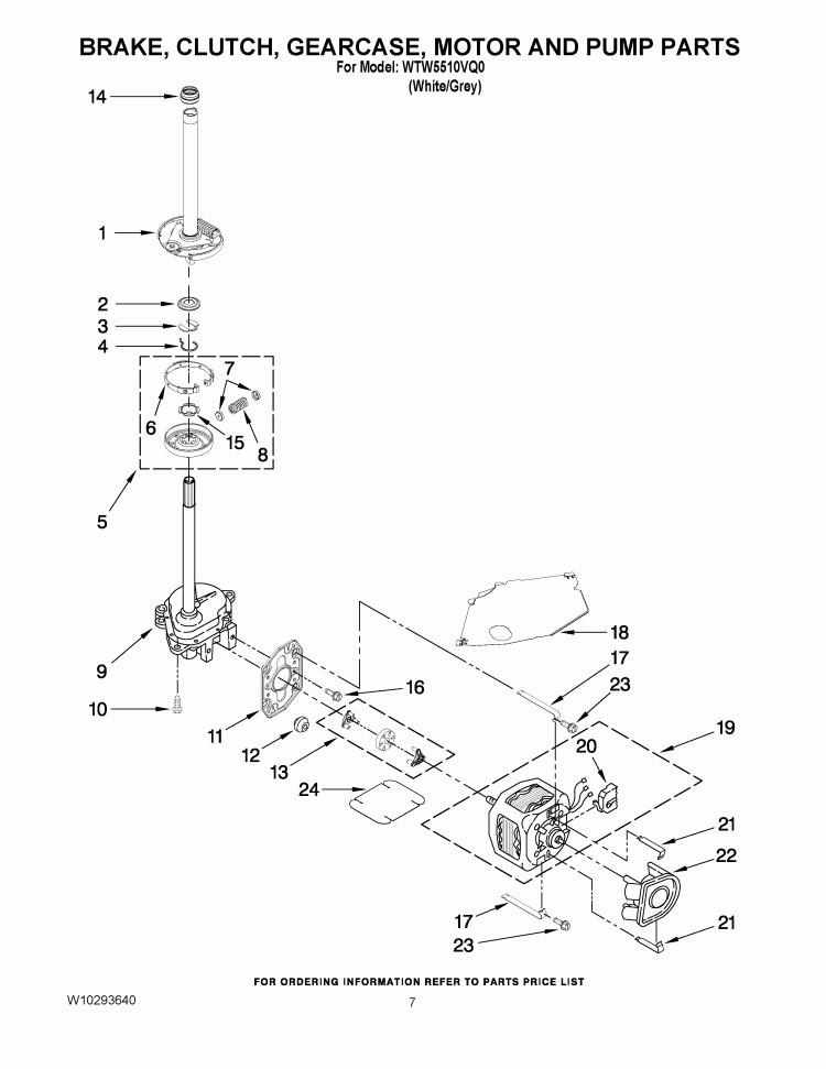 BRAKE, CLUTCH, GEARCASE, MOTOR AND PUMP PARTS Diagram and Parts List for WTW5510VQ0  Whirlpool Washer