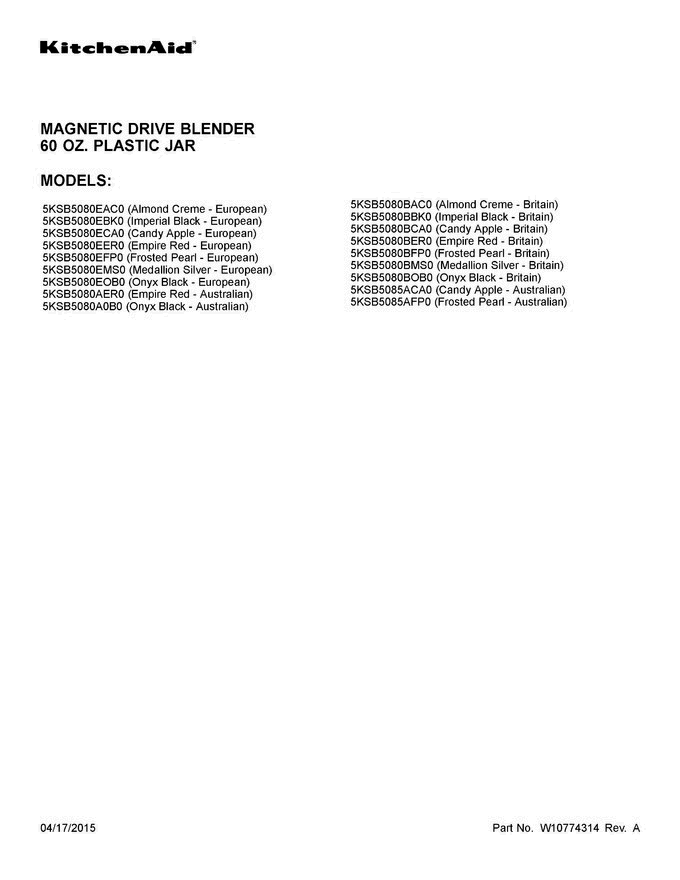 01 - Cover Sheet Diagram and Parts List for 5KSB5080A0B0  KitchenAid Dishwasher