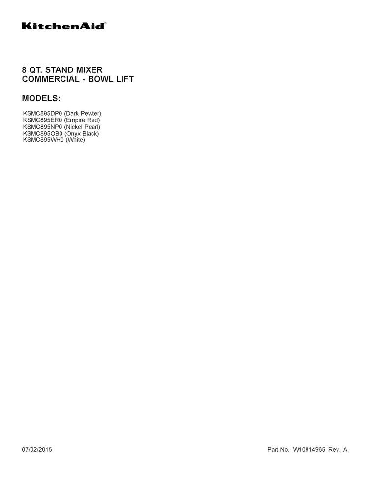 Cover Sheet Diagram and Parts List for KSMC895ER0  KitchenAid Mixer