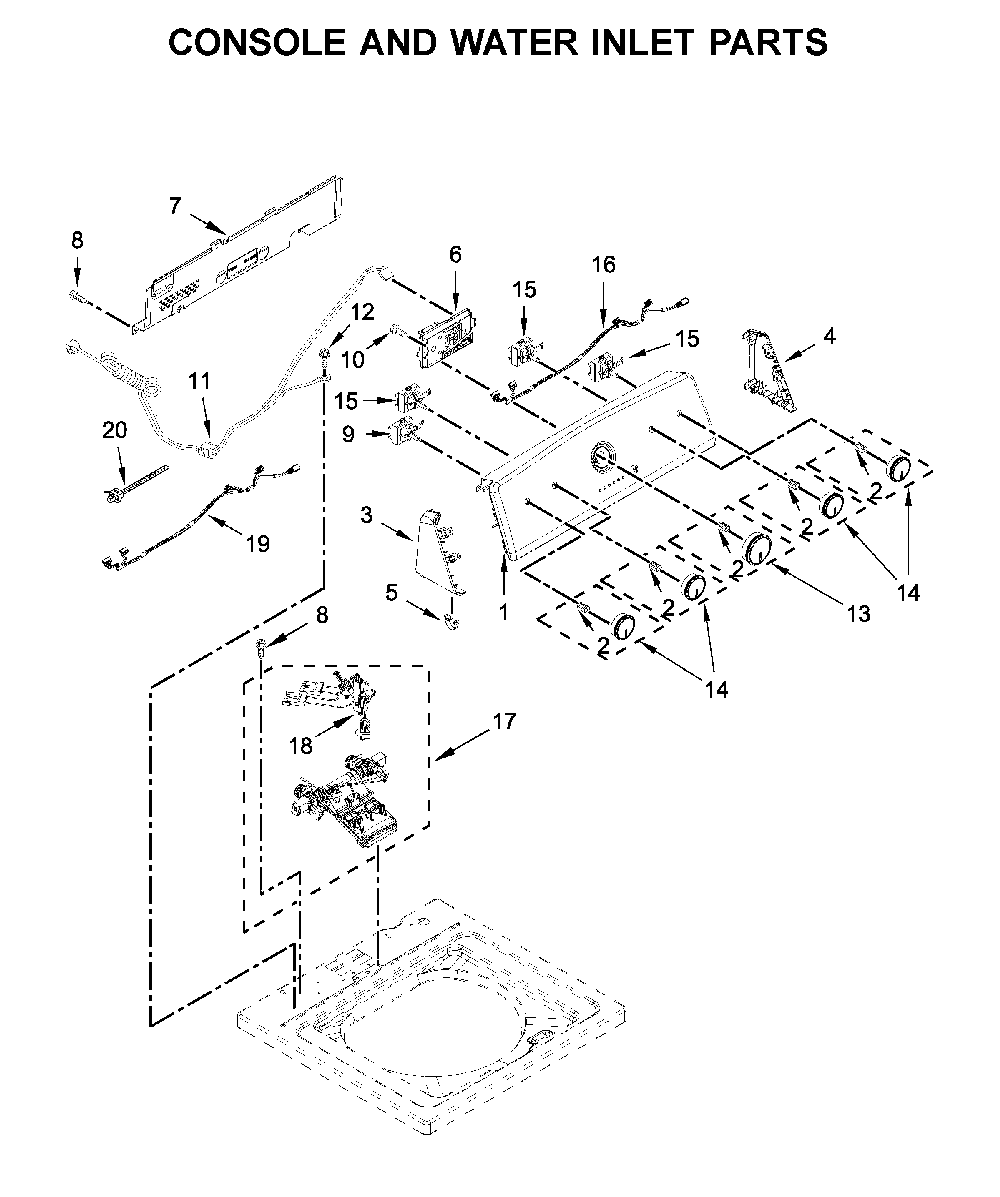 Console and water inlet parts Diagram and Parts List for 11025132412  Kenmore Washer