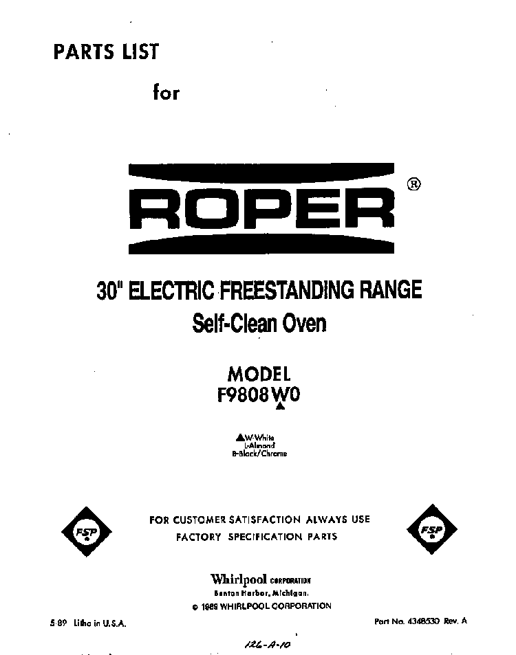 Front Cover Diagram and Parts List for F9808*0  Roper Range