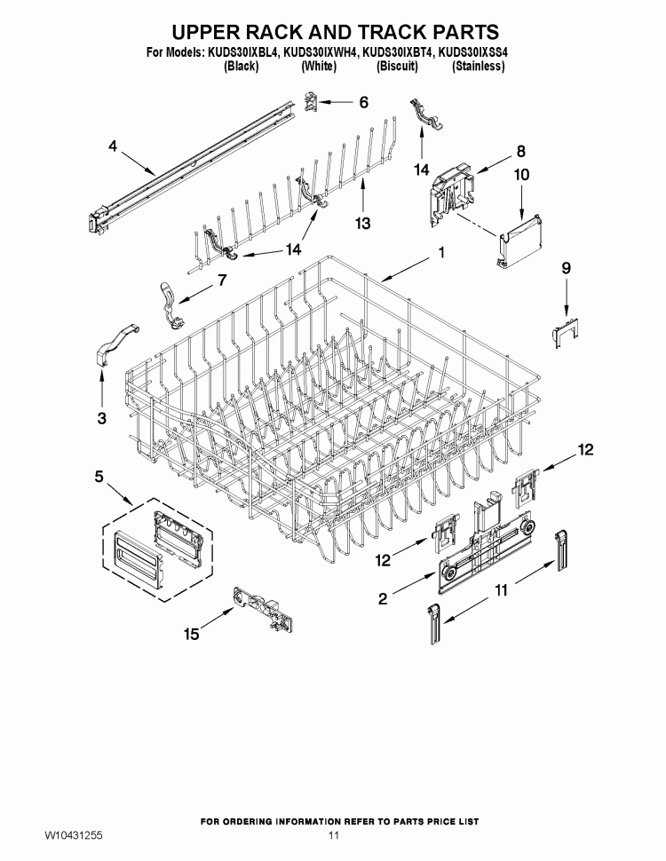 UPPER RACK AND TRACK PARTS Diagram and Parts List for KUDS30IXBT4  KitchenAid Dishwasher
