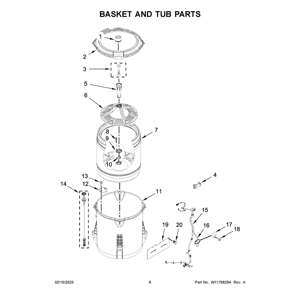 Basket And Tub Parts Diagram and Parts List for 4KWTW5600JW2  Whirlpool Washer